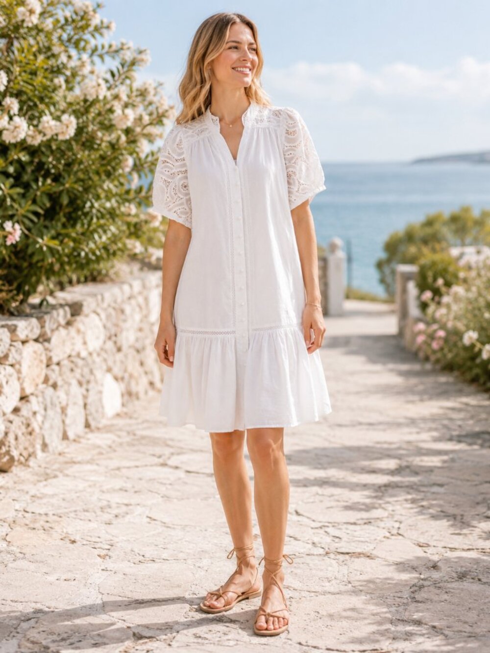 Suncoo Paris White Organic Cotton Mini Dress Medium French Coastal Chic Boho